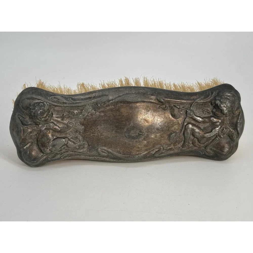 Antique Art Nouveau Silver Vanity Clothes Brush Ornate Repousse Design W/Cherubs